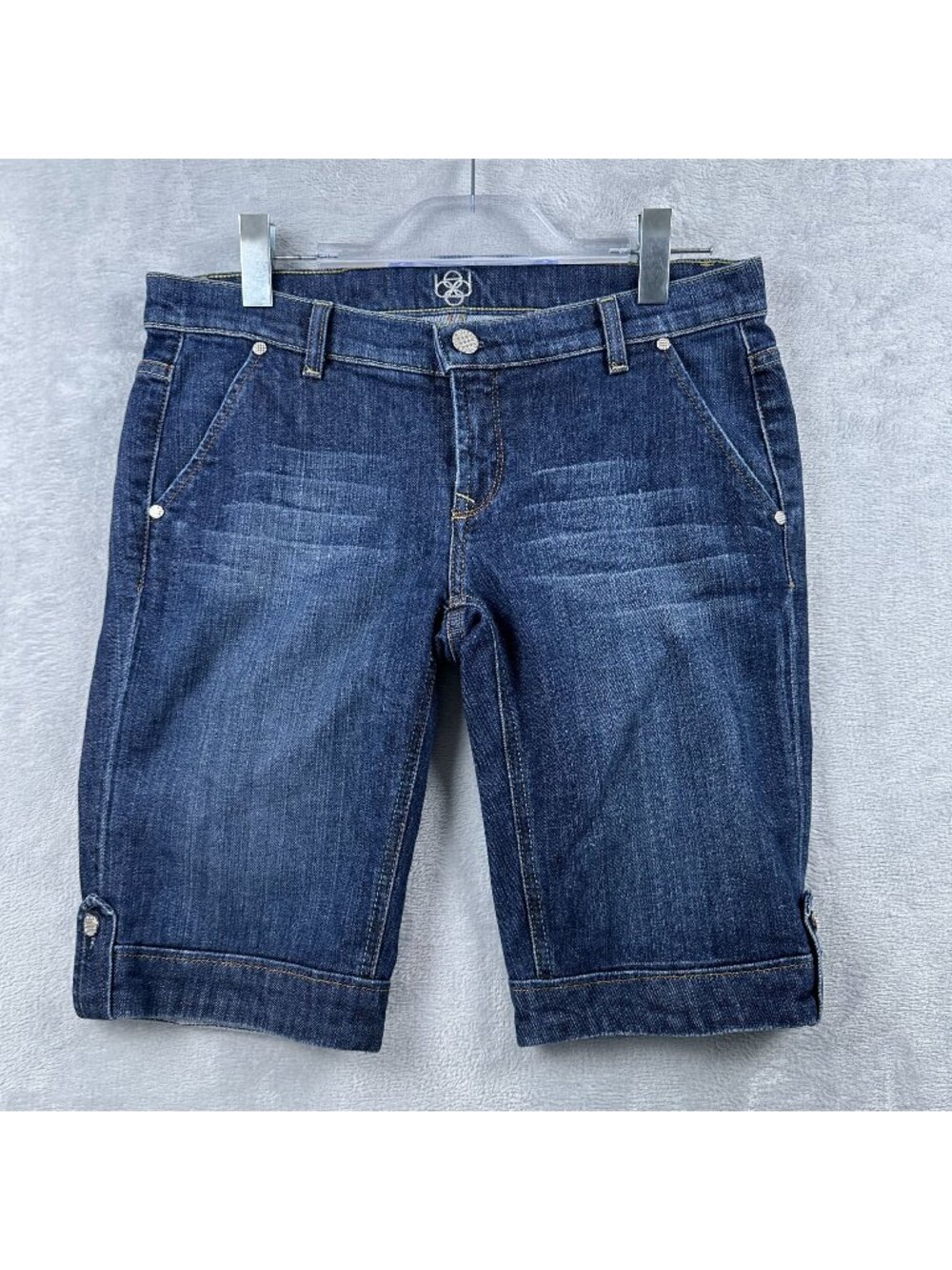BEBE Bermuda Shorts Size 10 Rhinestone Button Distressed Rolled Hem Made In USA